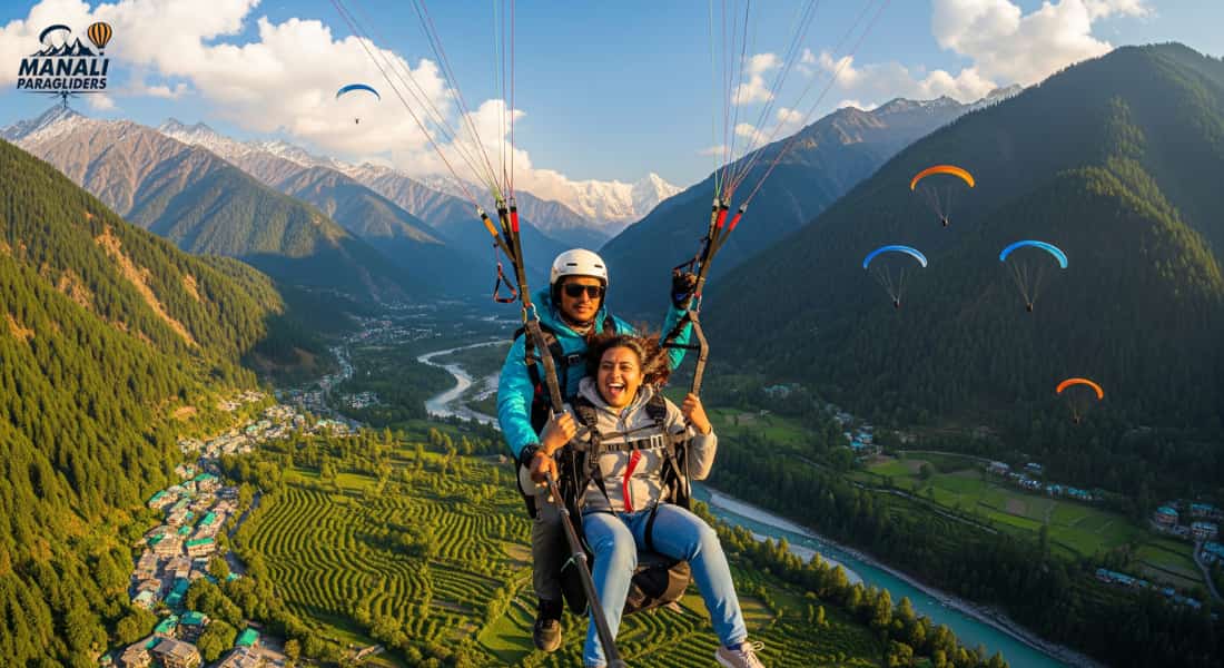 Dobhi Manali paragliding view with mountains, green valley and Beas river under blue sky